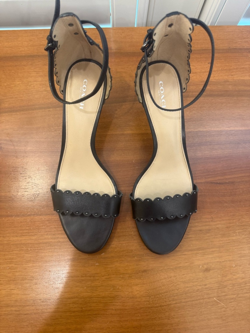 COACH Black Scalloped Ankle-Strap Sandals, Size 10, low heel
